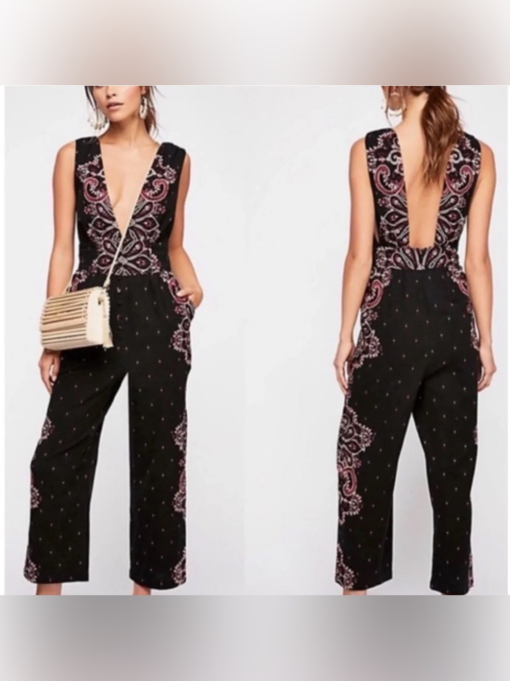 Free People Sleeveless Setting Sun Black Jumpsuit with Paisley Print - Sz XS